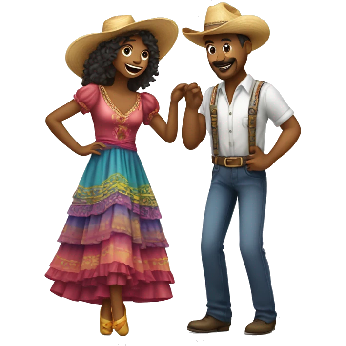casal dançando usando chapéu de palha e roupas coloridas em festa country emoji