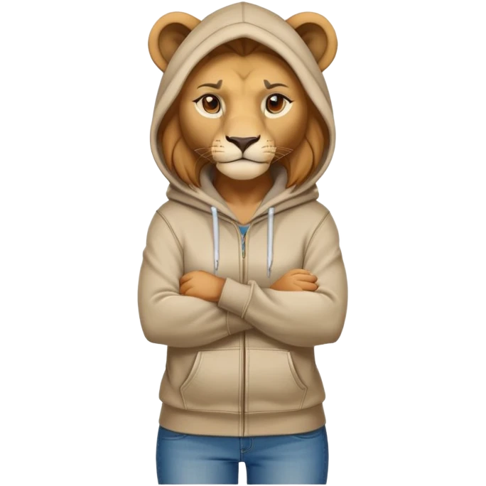 determined anthropomorphised female lion in a hoodie and jeans with arms folded, confident stance emoji