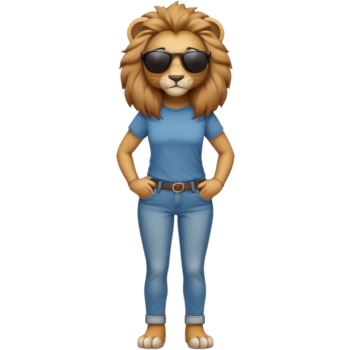 friendly anthropomorphised female lion character, full body, standing confidently with arms folded, wearing jeans, a t-shirt, and dark sunglasses emoji