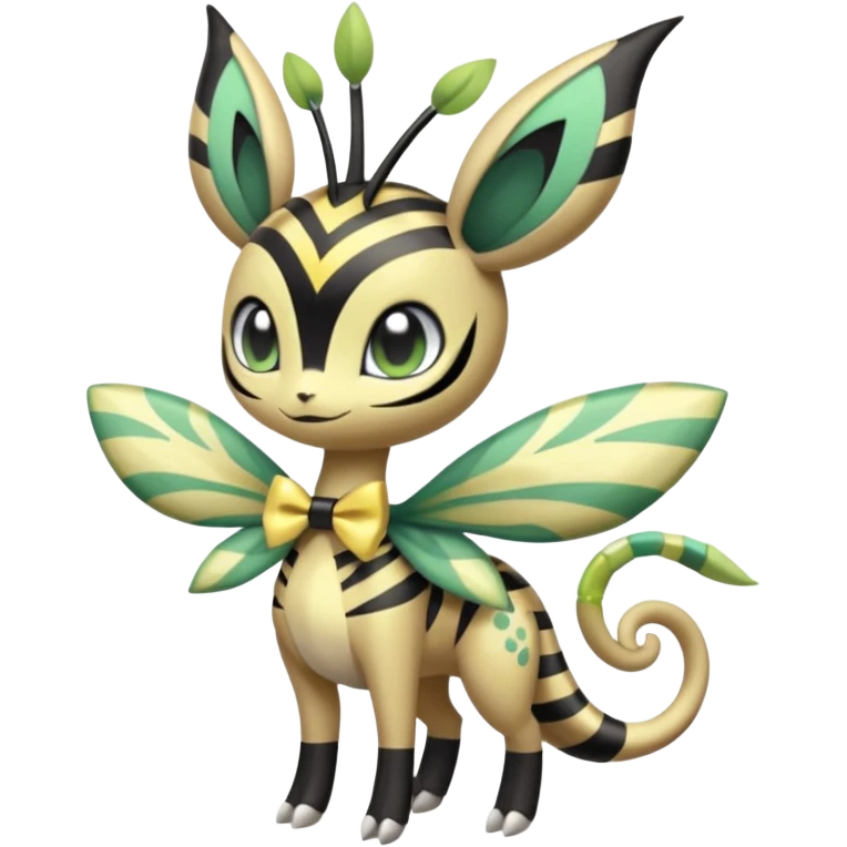zig-zag-patterned tribal tropical hot spotted striped Meloetta-Celebi-Giratina-Noibat-Pokémon-Fakémon-fusion-hybrid-creature with a bow tie, bracelets, collars, necklaces  emoji