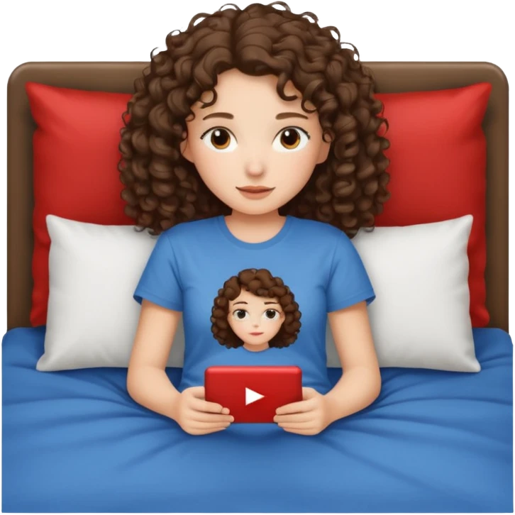 A girl, brunette with curly hair down to her shoulders, watching TV. Have her lie down on the bed, and put on Netflix on the TV. She walks by with her back to the camera, looking at the TV. emoji