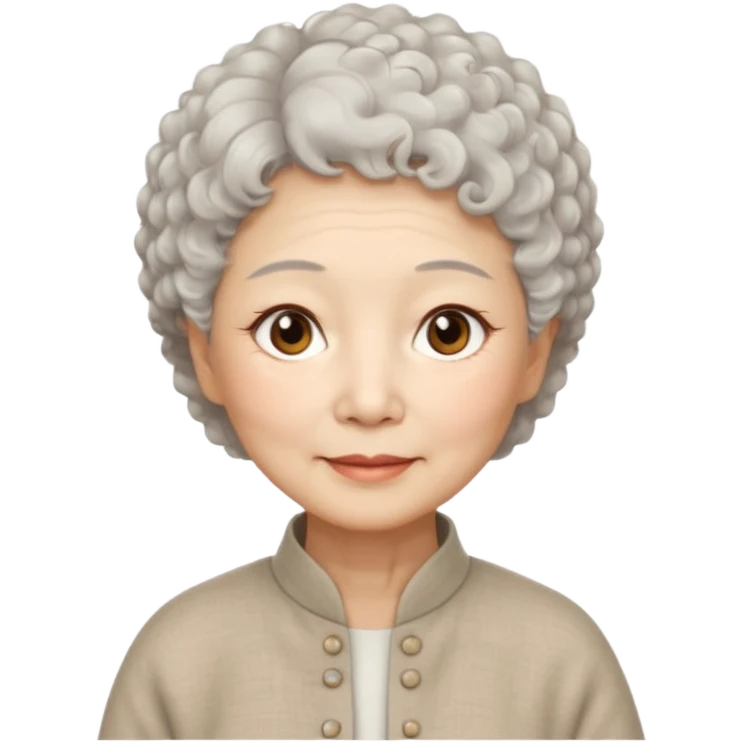 Chinese woman 70 years old, warm serene expression, short white curly hair, brown eyes, simple linen clothes emoji