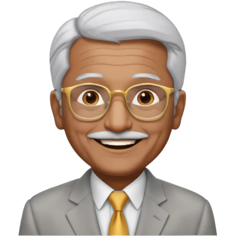 70 yr old indian man, short straight white hair brushed back, light grey business suit, big smile, dark brown skin, no moustache, dark brown eyes, glasses
 emoji