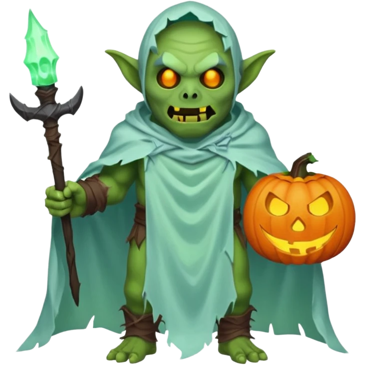 male orc ghost emoji, green skin, tusks, wearing torn white ghost sheet costume, holding glowing jack-o'-lantern, faint blue aura, friendly but spooky expression, Halloween fantasy theme, Apple emoji style, clean white background, square emoji