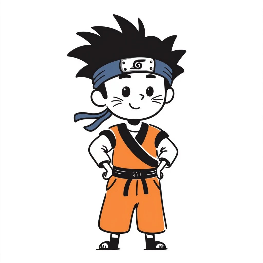 A blonde ninja boy with spiky hair, whisker marks on cheeks, orange outfit, and blue headband with metal plate emoji