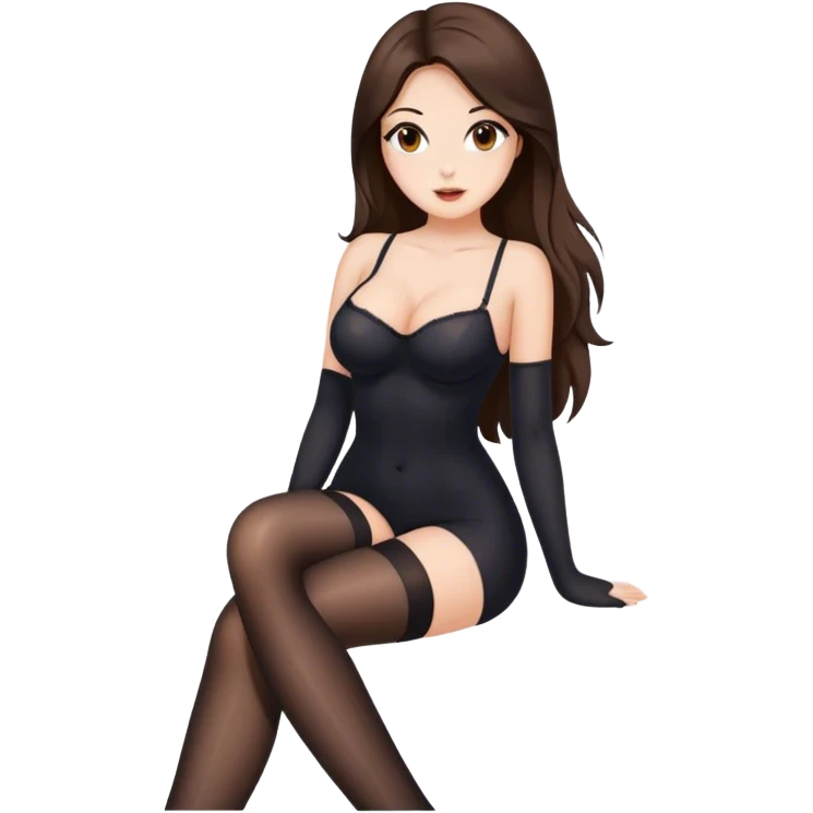 Buxom brunette long hair and brown eyes, intimate, sfw black nylon stocking pose emoji