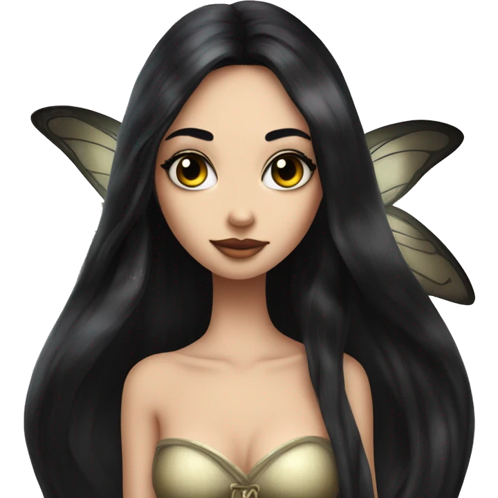fairy with long, flowing black hair. She is slender with an hourglass figure and has strikingly large, expressive eyes. The fairy is applying black mascara to her long lashes, showcasing her beauty and elegance emoji