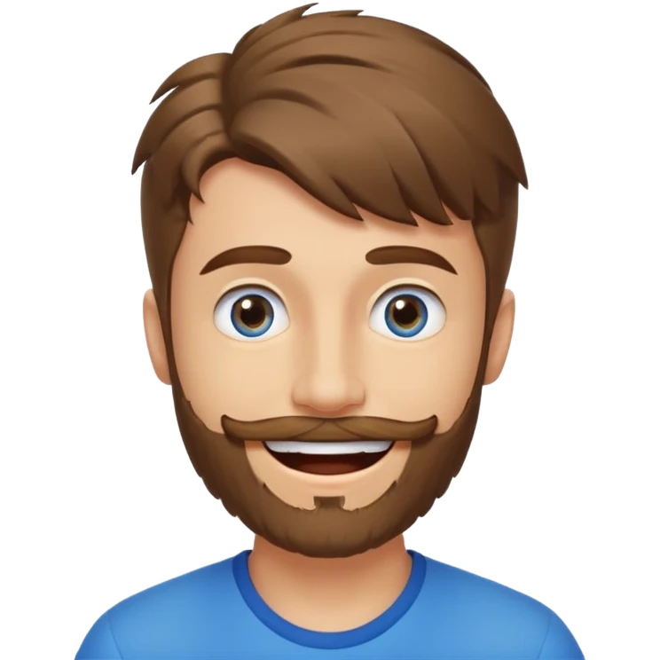 25 year old man, short scruffy beard and sparse moustache, brown puffy mullet, blue eyes, big smile, white teeth, big lips, pronounced jaw, hair longer in back, sticking up on top emoji