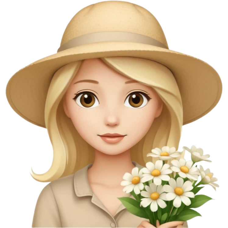 beautiful blonde girl in a summer beige hat with a bouquet of white flowers emoji