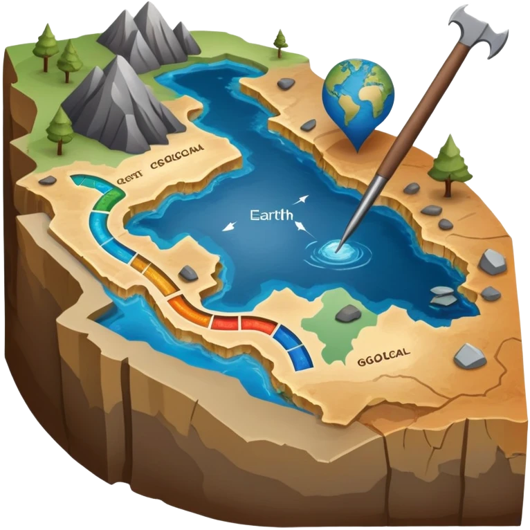 An icon featuring a crowbar and a geological map, and layers of Earth’s crust, symbolizing geology. The design includes mineral samples, fossils, and tectonic plates, representing the study of Earth’s structure and natural processes. Transparent background highlights geological exploration emoji