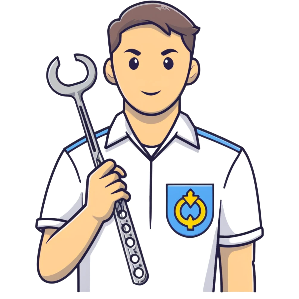 A Ukrainian man in a white embroidered shirt holds a spanner in one hand and scissors in the other emoji