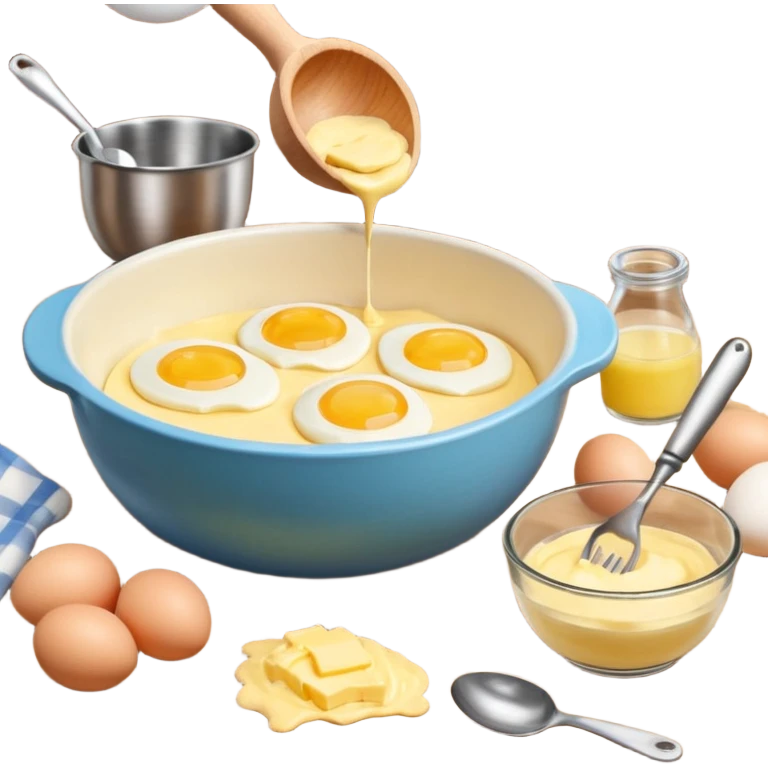 baking preperation with mixing bowl with uncracked eggs and butter emoji