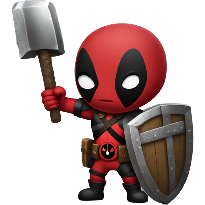 Deadpool holding Viking shield and a hammer emoji