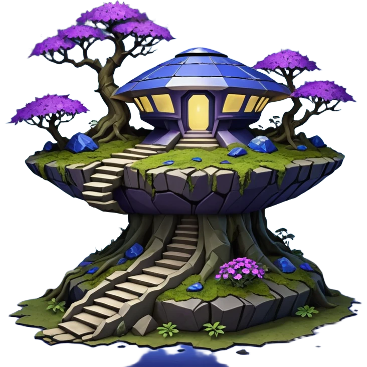 Crashed Alien saucer-castle jungle winding footpath mountainside getaway haunted nighttime hobbit landscape antique mudman very old broken cracked intricate Stone Age lapis-crusted irregular dodecagon-shaped shallow dark moss rough bark violet flowered maple treehouse bonsai Saikei emoji