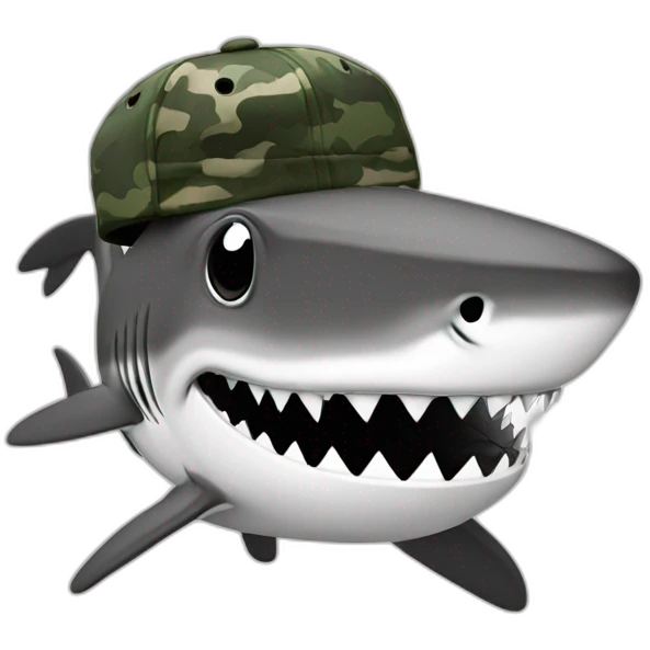 cartoon shark standing with a camouflage cap on its head,black and white emoji