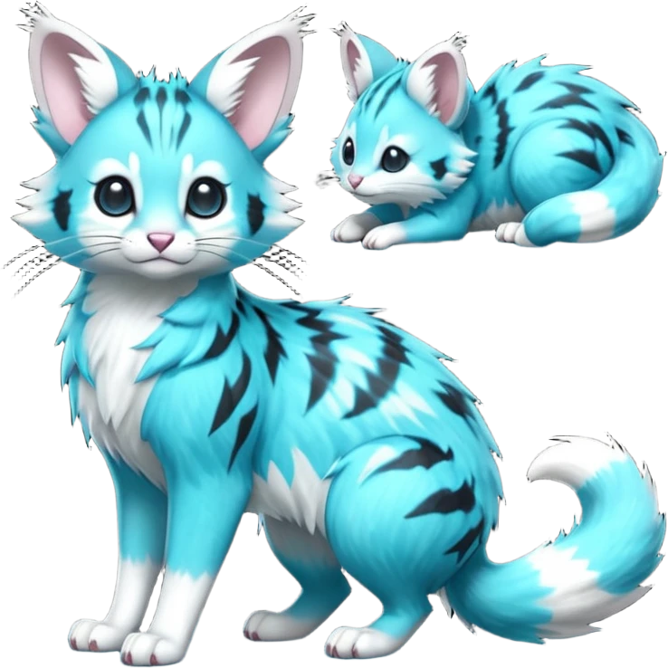 Hyper realistic  neon-cyan fur streaked with lightning-white scars and glassy shine beautiful elegant pretty precious cute  Fakémon-Pokémon-opossum-feline-serval-caracal-chinchilla-Furret-Minccino-hybrid-creature with a big fluffy bushy tail (full body) emoji