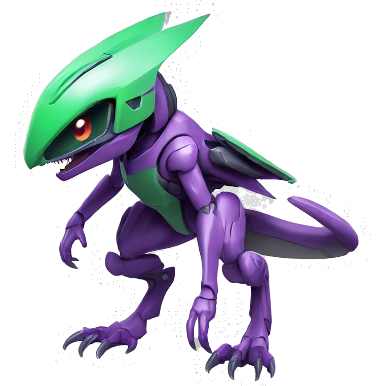 a purple-green- Genesect-Raptor-Fakémon—hybrid with a futuristic visor-helmet full body emoji