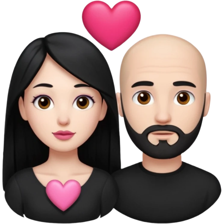 👩🏻‍❤️‍💋‍👨🏻 this one but the man should be bald. white woman with long black hair and white bald young man whoitiut hair and a heart between their heads. she has pink lips and both have brown eyes. he has e full beard but short. both wear black  emoji