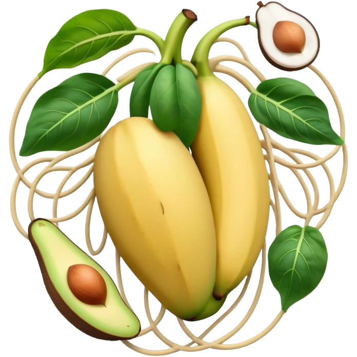 Banana, avocado, potato, spinach, coconut, white beans, and melon surrounding a glowing heart and nervous system network. Gentle electrical waves flow from the foods to the organs and muscles, illustrating how potassium maintains fluid balance and electrical stability throughout the body. emoji