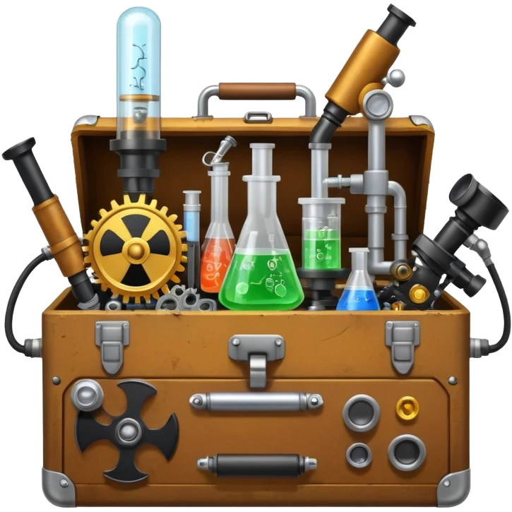 toolbox science, chemicals, mechanical gears, steampunk, electronics, resistors, ic, physics, microscope, nuclear model, radioactivity emoji
