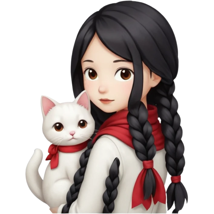 girl with long dark braid and bow, red scarf, white dress, holding white cat on shoulder, seen from behind, field and sunset background, smooth glossy texture, soft lighting, kawaii style emoji