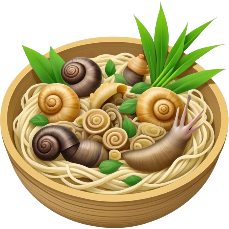 Liuzhou Snail Rice Noodles with river snails and sour bamboo, simplified emoji style with bold outlines and bright colors, cartoon style Guangxi Luosifen emoji