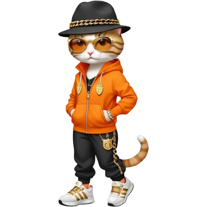 female cat wearing Run DMC hip-hop outfit with tracksuit, fedora, Adidas sneakers, dark sunglasses, many gold chains, upright pose emoji