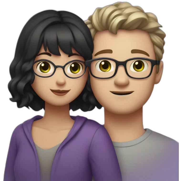 white guy with glasses, black short wavy hair and middle part bangs, with green gray eyes, hugging a violet-purple short straight shoulder-length hair, slightly chubby brown eyed girl  emoji