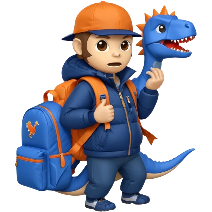 enraged monkey dressed in dark blue puffer jacket, holding blue origami dinosaur rolling backpack, wearing orange cap with Jurassic Park logo, Android emoji inspired emoji