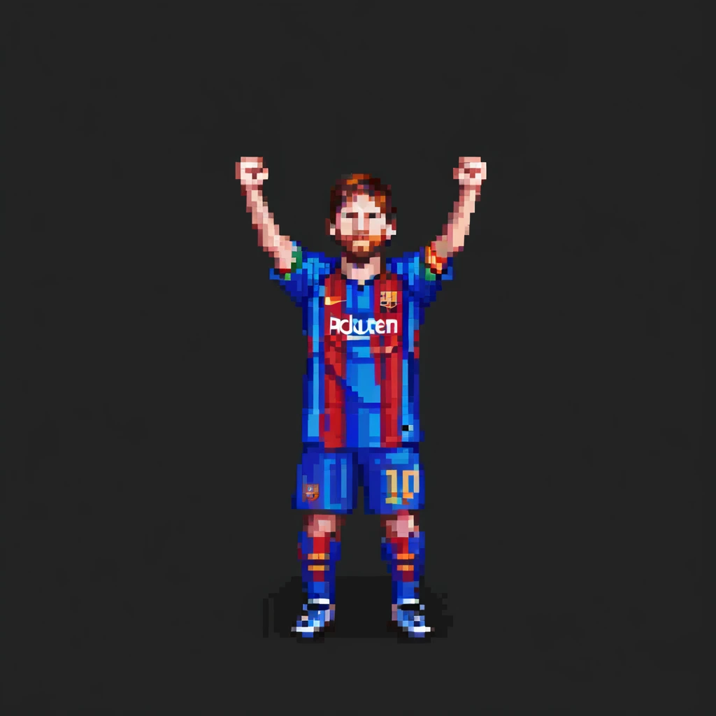Lionel Messi celebrating a goal, pixel art style, arms raised emoji
