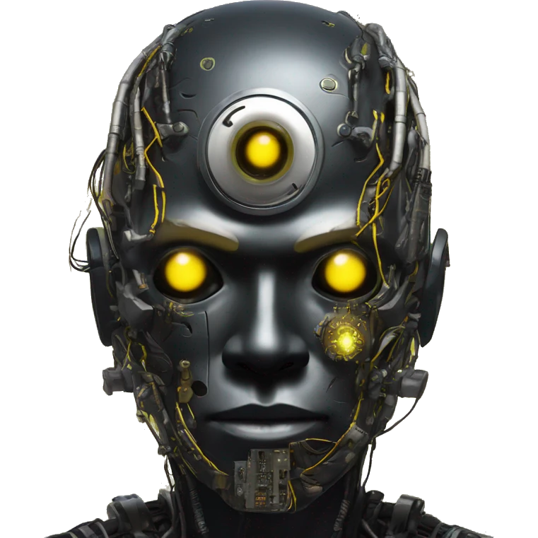 black metal cyborg head with circuitry, one artificial eyeball, and yellow Mohawk goatee emoji