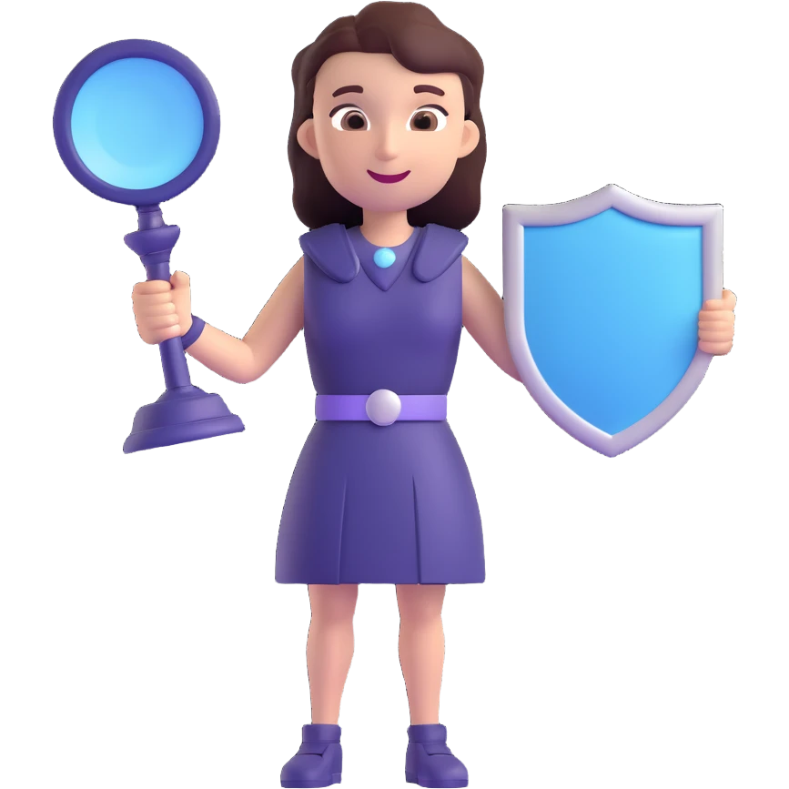 3D gender-neutral character, deep navy color, confident smile, holding a speech bubble or megaphone, with a shield or justice scales, glowing soft lavender and sky blue, modern and empowering style emoji