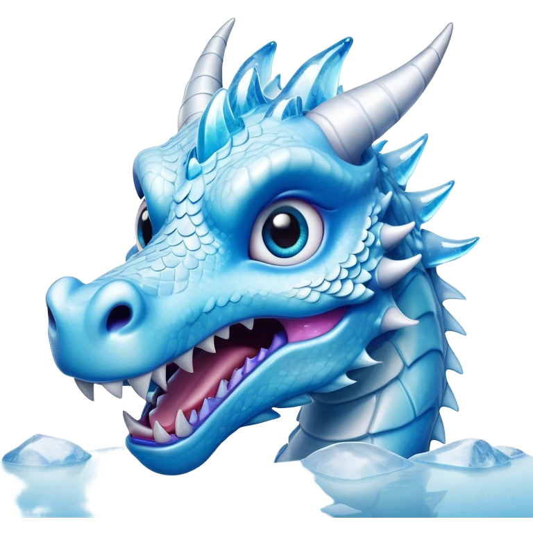 Cinematic Comical Beautiful Ice Dragon Portrait Emoji, Head tilted dramatically with an exaggeratedly amused expression, featuring a striking, glossy icy body with bold, crystalline textures and wide, expressive eyes that shimmer with playful frost, rendered with vibrant, lifelike detail and dynamic, natural shadows, high shine, dramatic yet whimsical, styled with an air of cheeky arctic mischief, soft glowing outline, capturing the essence of a spirited and over‐the‐top ice marvel that looks ready to burst into a flurry of frosty fun! emoji