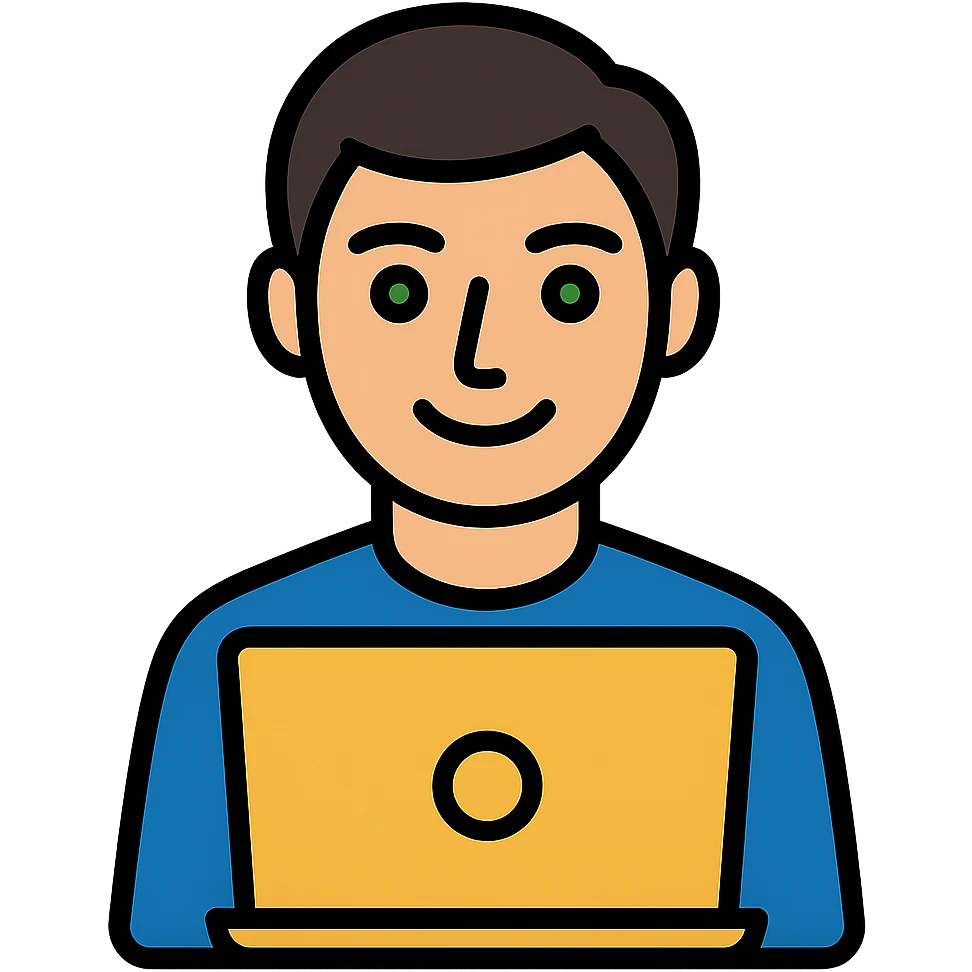 Change the man's hairstyle to a different style, keep him with dark hair and green eyes working on a laptop, clean modern icon style, simple background removed. emoji
