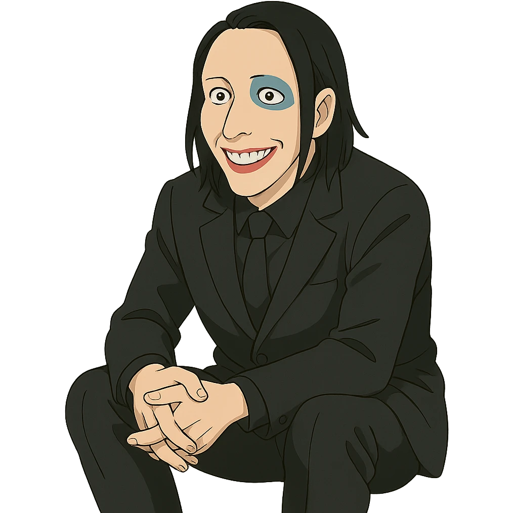 Marilyn Manson sitting and smiling, ghibli style emoji