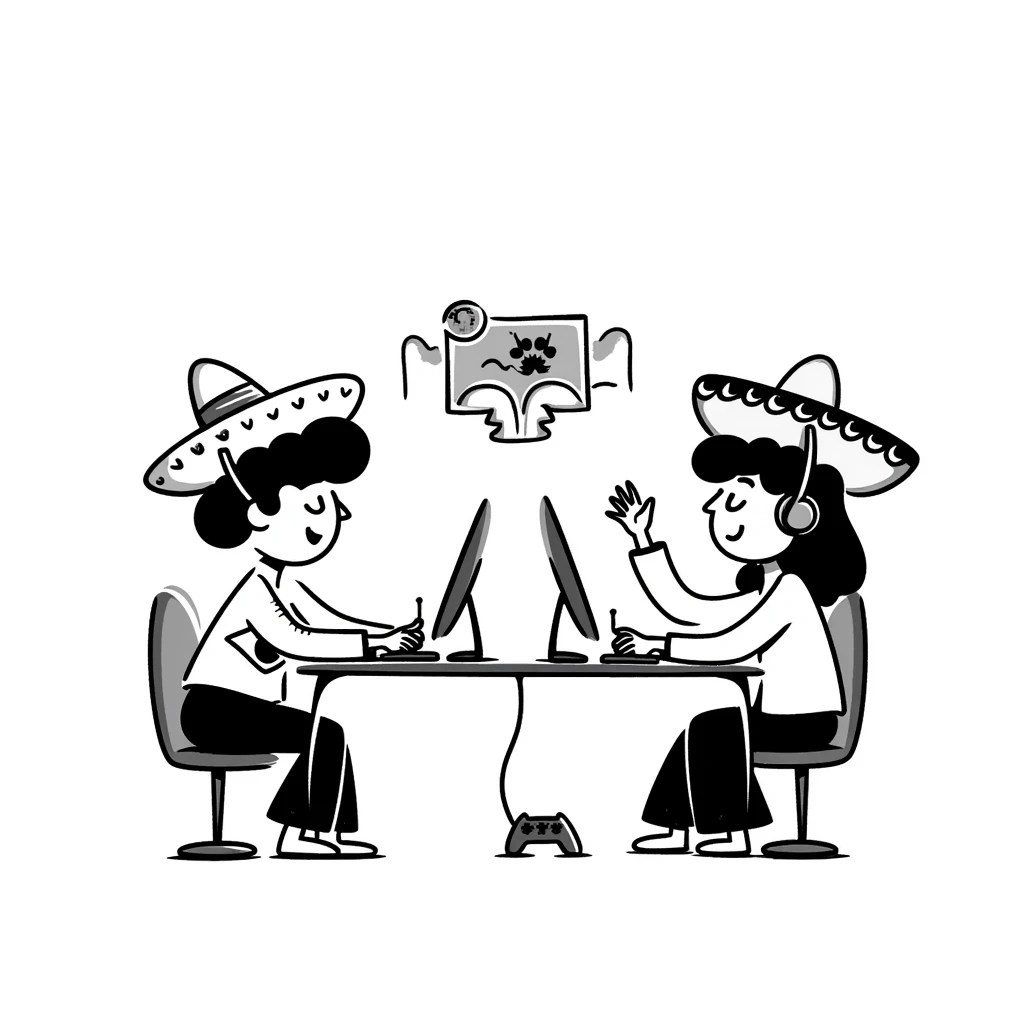 hand-drawn doodle of online gaming with Brazil and Mexico cultural elements emoji