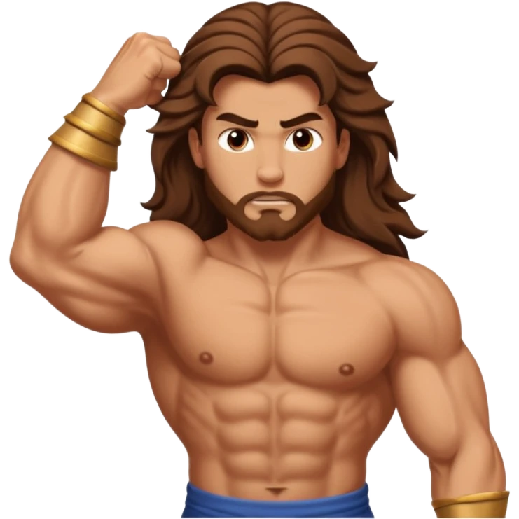 A biblical illustration of Samson, a muscular man with long flowing hair symbolizing his strength. He is depicted about to get a hair cut emoji
