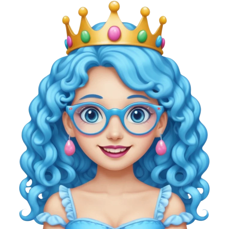 blue long curly haired princess of the candyland, with candy makeup candy glassess and just face emoji