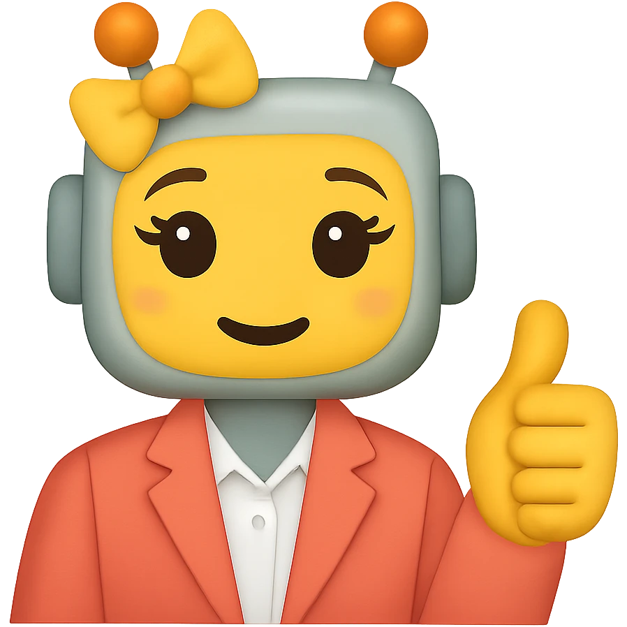 Create an image of a recruiter robot emoji that is even cuter and more feminine, in an apple style, flat, giving a thumbs up, dressed in business casual. The background should be transparent. emoji
