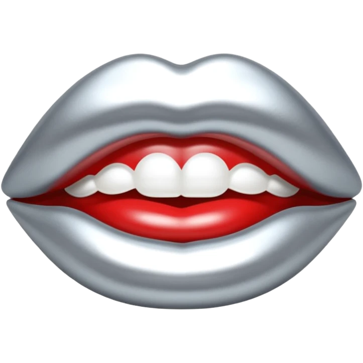 Chrome silver lips emoji, glossy metallic texture, iOS emoji style, smooth reflections, bold but minimal design, centered, silver mouth. all silver emoji