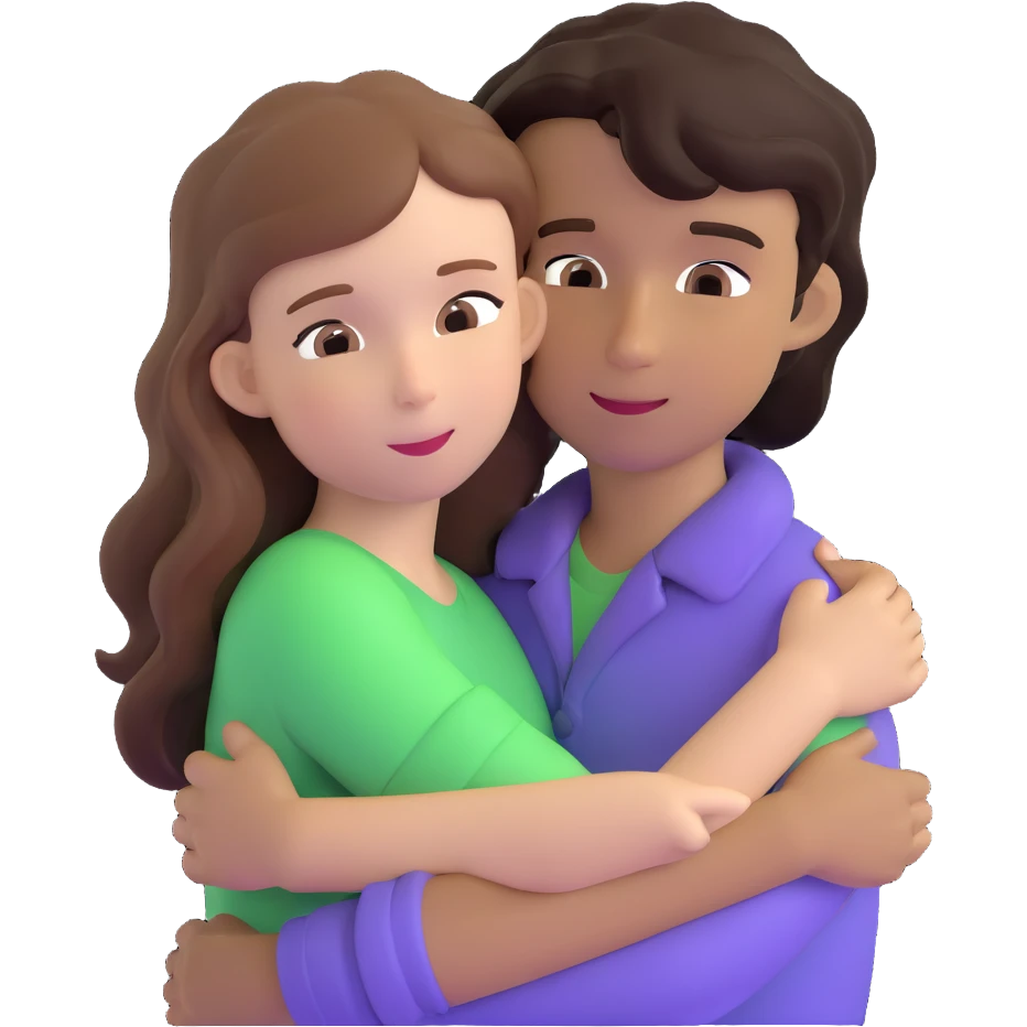 girl with long light brown hair and pale skin hugging a boy with short black wavy hair and tanned skin emoji