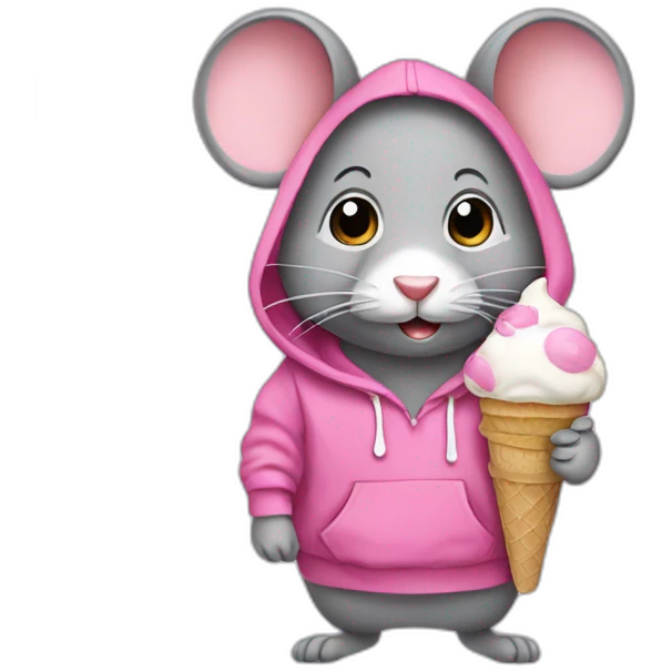 grey mouse wearing a pink hoodie with white ice cream emoji