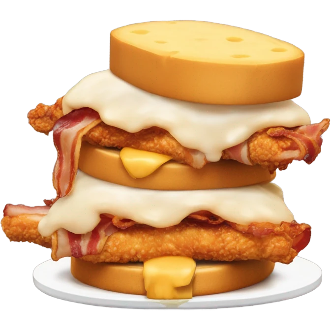 Two fillets of crispy chicken with a slice of cheese, bacon and some sauce in the middle emoji