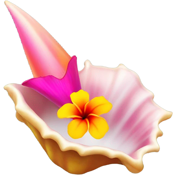 Conch shell with a pink, orange and yellow hibiscus on top  emoji