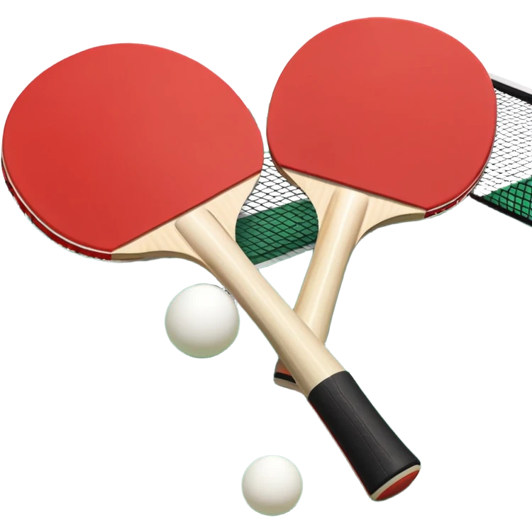 Two table tennis paddles and a ball placed on a ping pong table, with the net in the background. The scene conveys the simplicity and focus of the sport, with vibrant colors highlighting the rackets and ball on the smooth surface of the table. emoji