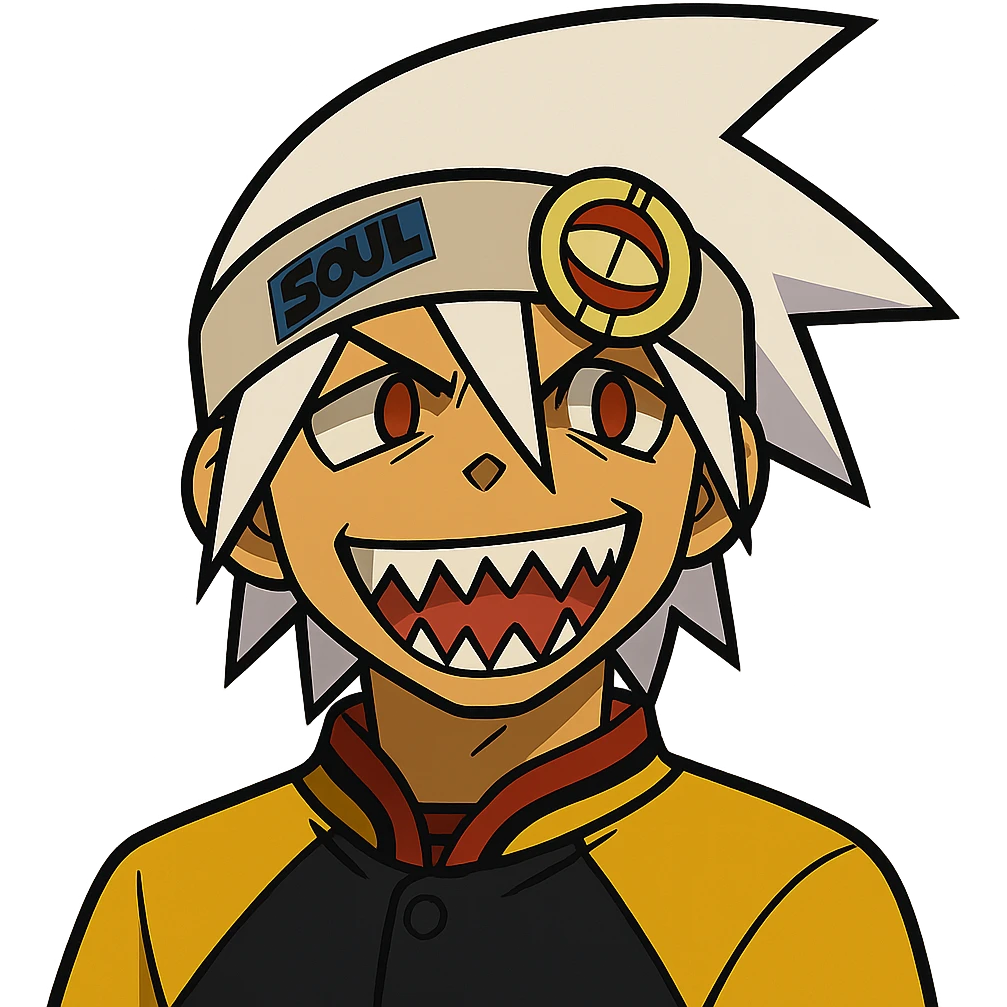 Soul Eater Evans grinning, showing sharp teeth, white spiky hair, headband, anime style, energetic expression emoji