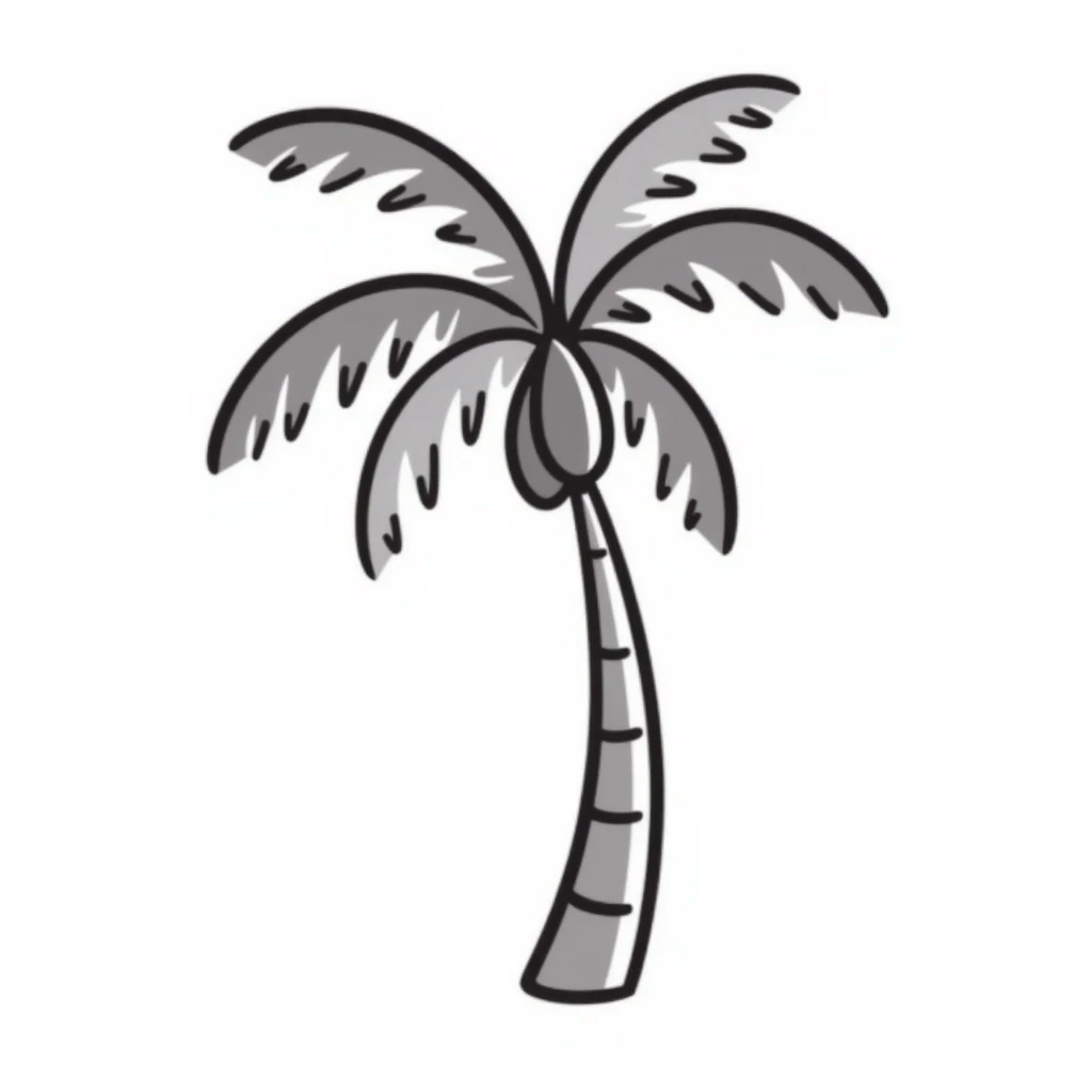 a palm tree with a curved trunk and large fronds, pastel colors dd9fb0, ffc6d3, a3bfc9, c4bee2, f1b091, detailed hand-drawn doodle style emoji