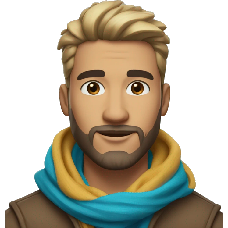 latin-guy-with-taper-fade,-straight-tiktok-guy-front-and-top-of-hair-and-dark-blonde-beard-and-blue-eyes-and-big-nose-and-scarf-on-the-middle-of-forehead emoji