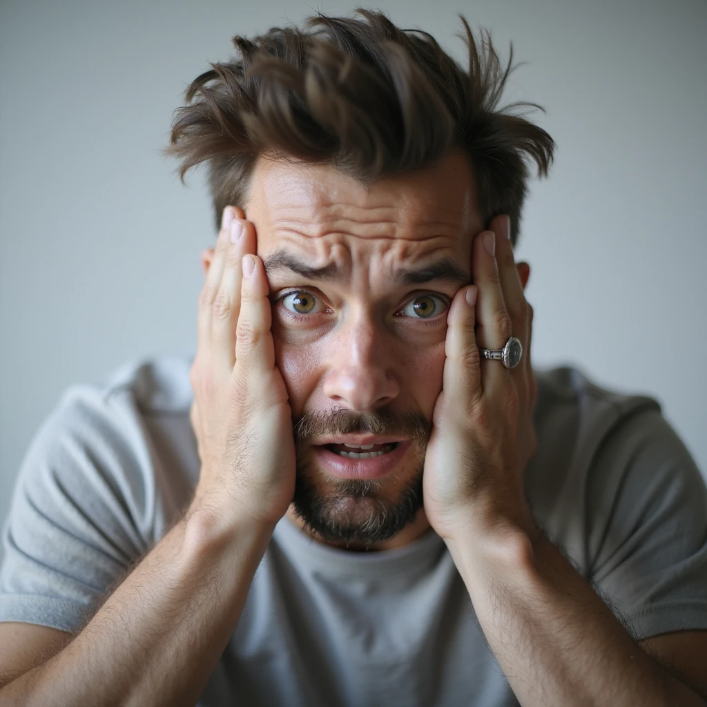 realistic 30-year-old man suffering from anxiety, hands in hair, wide eyes, neutral background emoji