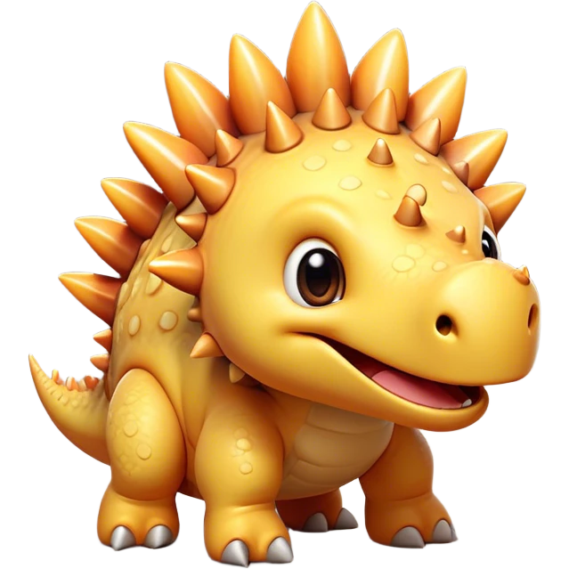 Cinematic Cute Stegosaurus Portrait Emoji, Head tilted playfully with a cheeky grin, featuring a charming, low-profile body with iconic, rounded bony plates and a spiky tail, a small head with sparkling, curious eyes, Simplified yet irresistibly adorable features, highly detailed, glowing with a warm, inviting earthy glow, high shine, affectionate and spirited, stylized with a touch of whimsical prehistoric charm, soft glowing outline, capturing the essence of a mischievous yet endearing Stegosaurus that seems as if it could waddle out of the screen into your arms! emoji